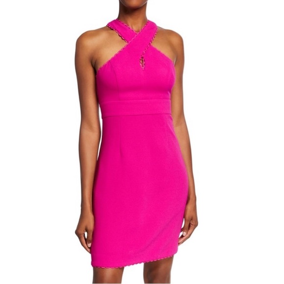 Trina Turk Rafter Hot Fuchsia Pink Scalloped Cutout Halter Mini Dress - 2 - Picture 2 of 15